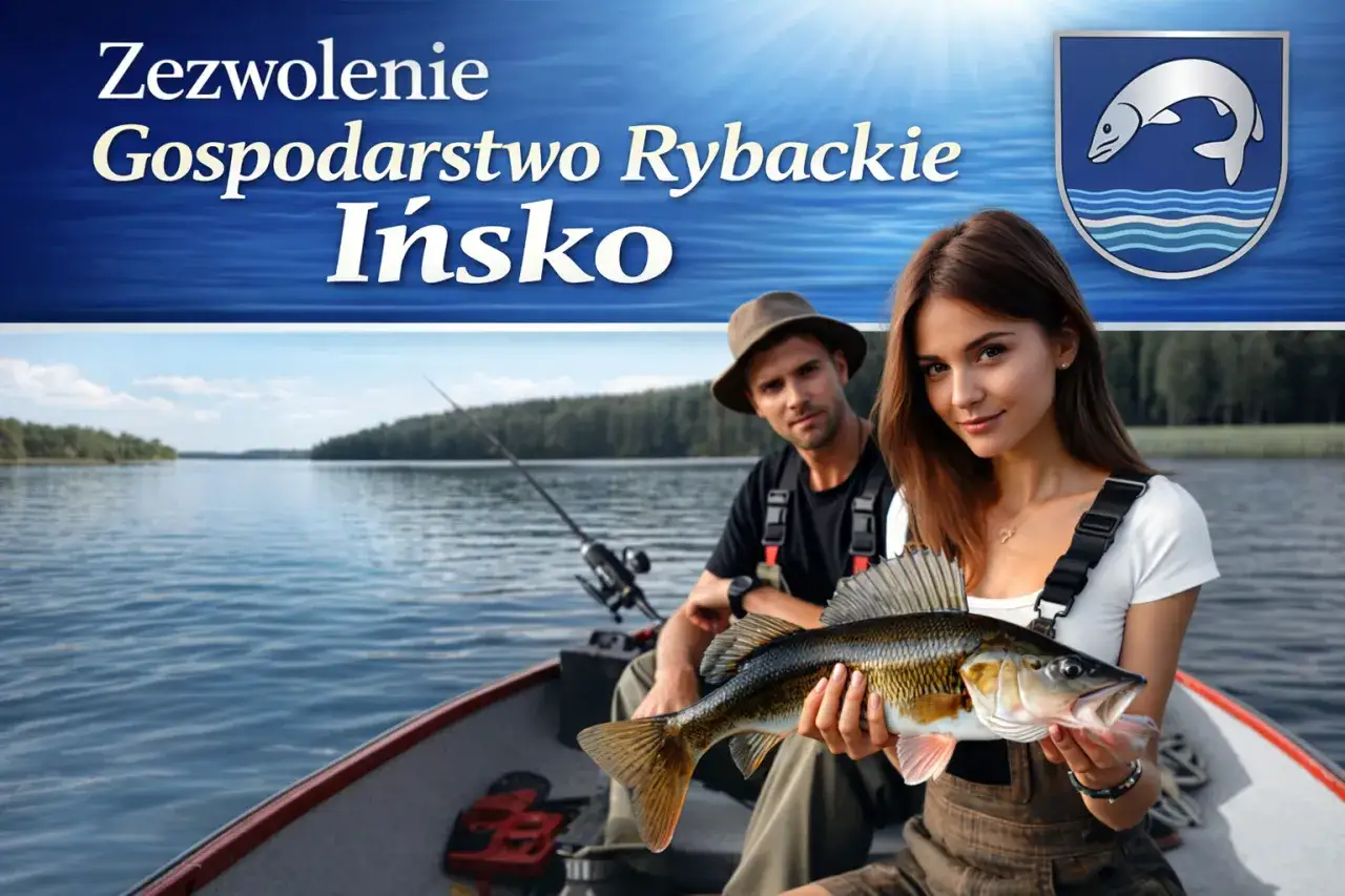 Para łowi ryby na jeziorze. Kobieta trzyma złowionego sandacza. Zezwolenie na połów można uzyskać przez internet.