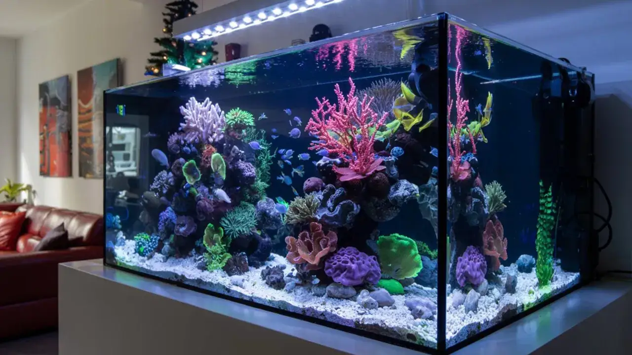 Kolorowe akwarium morskie z rybami i koralowcami. Warto zadbać o odpowiednie parametry wody, jak podnieść pH w akwarium, by zapewnić im zdrowie.