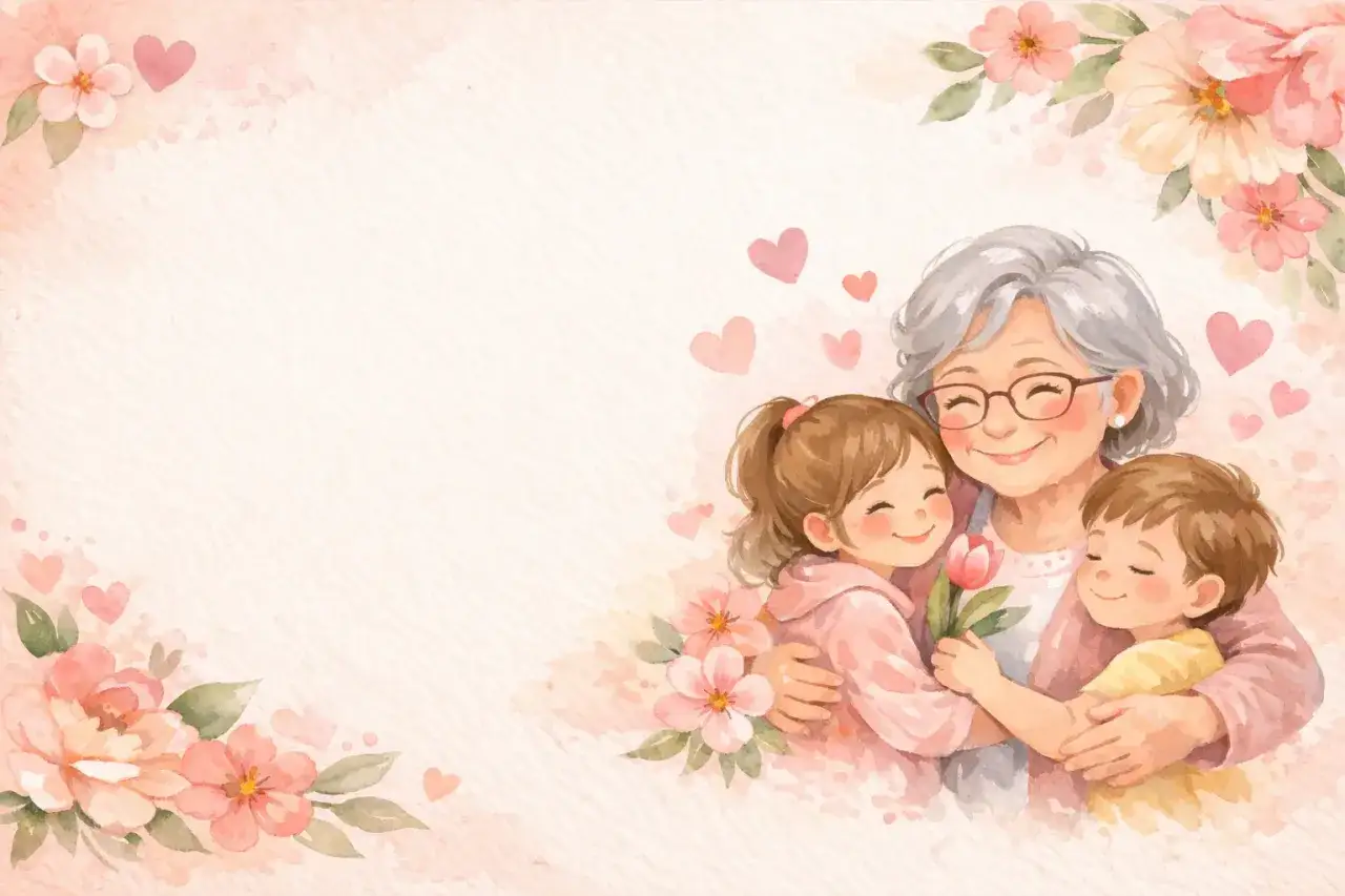 Ciepłe życzenia dla babci od wnucząt. Uśmiechnięta babcia tuli dwójkę dzieci, otoczona kwiatami i serduszkami.