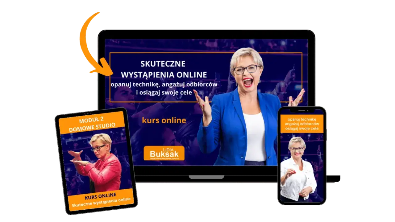 Kurs online "Skuteczne wystąpienia online" Lidia Buksa. Dowiedz się, jak zrobić dobrą prezentację, angażować odbiorców i osiągać cele.
