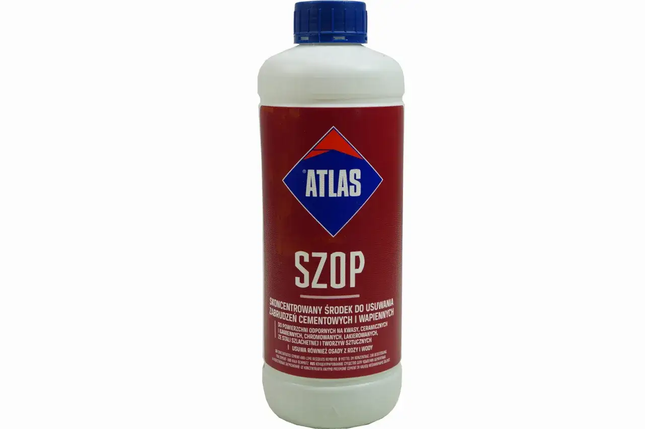 Butelka środka czyszczącego Atlas Szop. Skoncentrowany preparat do usuwania zabrudzeń cementowych i wapiennych.