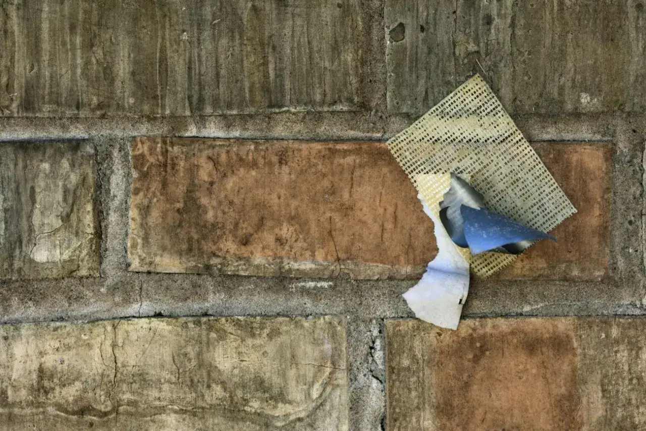 Fragment starej ceglanej ściany z resztkami siatki i papieru. Ciekawi mnie, ile schnie zaprawa murarska w takich warunkach.