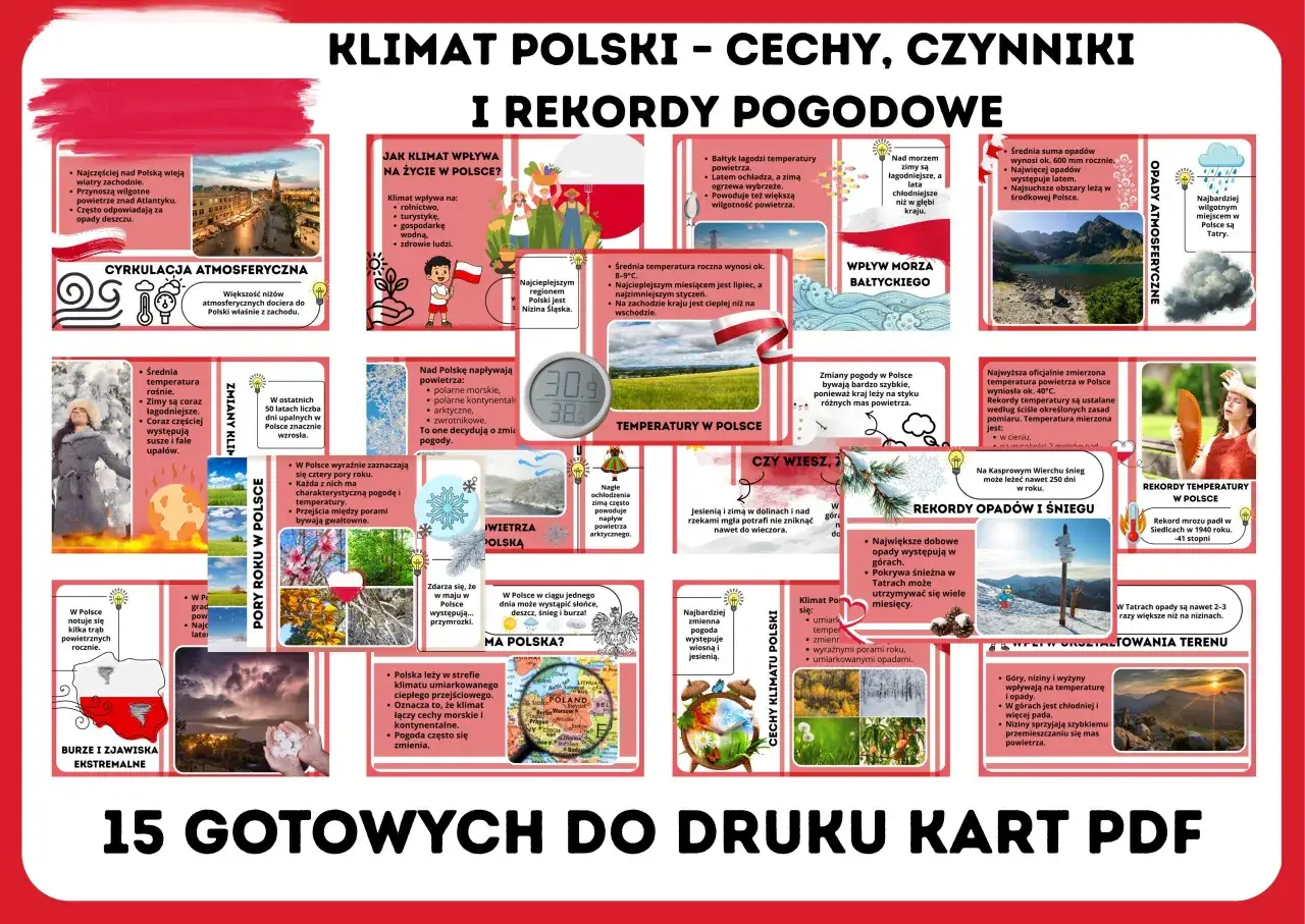 Ilustracja przedstawia kolaż zdjęć i grafik związanych z klimatem Polski, porami roku i zjawiskami pogodowymi.