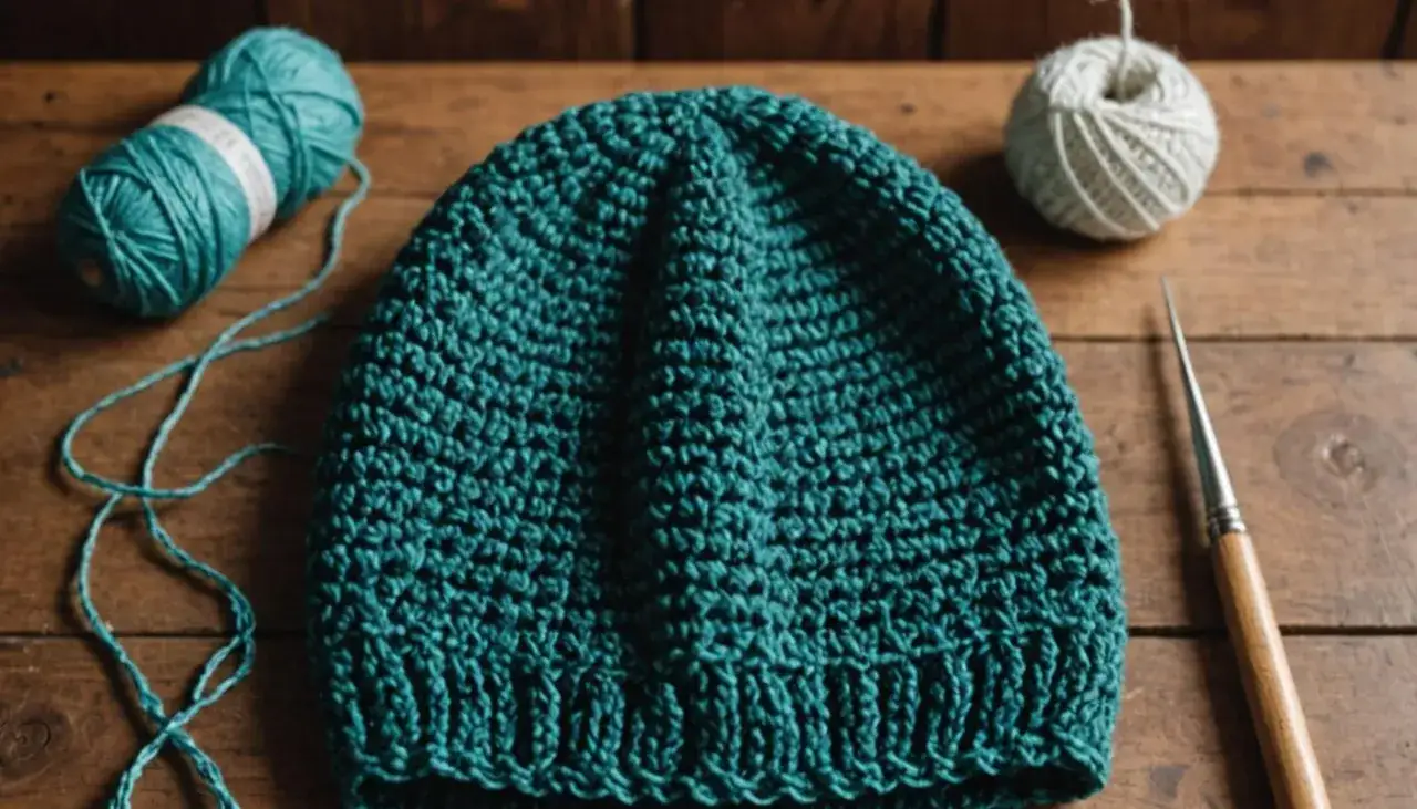 Ręcznie robiona czapka z zielonej włóczki, kłębek białej włóczki i igła do filcowania na drewnianym tle.