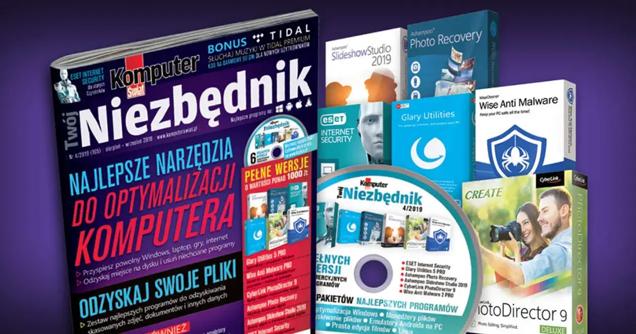 Magazyn "Komputer Niezbędnik" z płytą CD i pudełkami programów komputerowych.