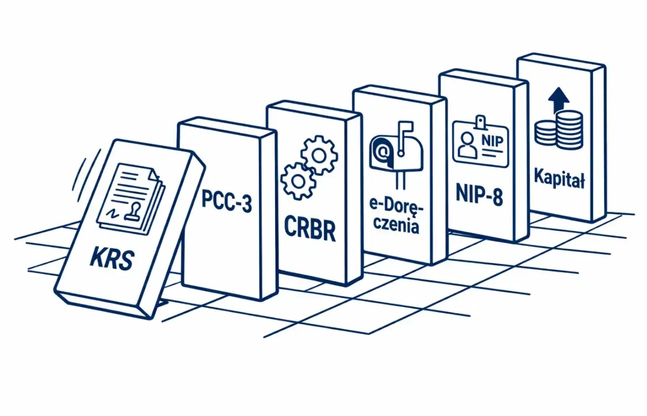 Ilustracja kostek domina z napisami: KRS, PCC-3, CRBR, e-Doręczenia, NIP-8, Kapitał.