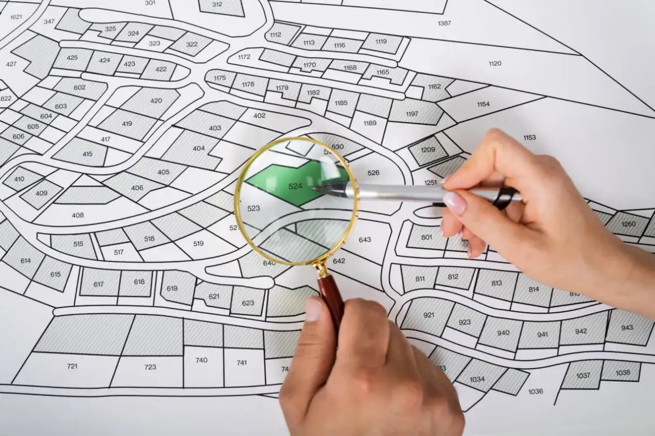 Ręce analizują mapę działek, jedna z nich wskazuje na zieloną działkę 524. Może to oznaczać zmiany do planu zagospodarowania przestrzennego.
