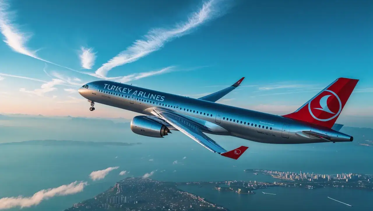 Samolot Turkish Airlines leci nad miastem i morzem przy zachodzącym słońcu.