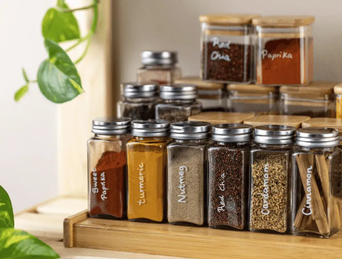 Słoiczki z przyprawami: papryka, kurkuma, gałka muszkatołowa, nasiona chia, kardamon, cynamon. Dowiedz się, jak długo można przechowywać mielone przyprawy żeby nie straciły aromatu.