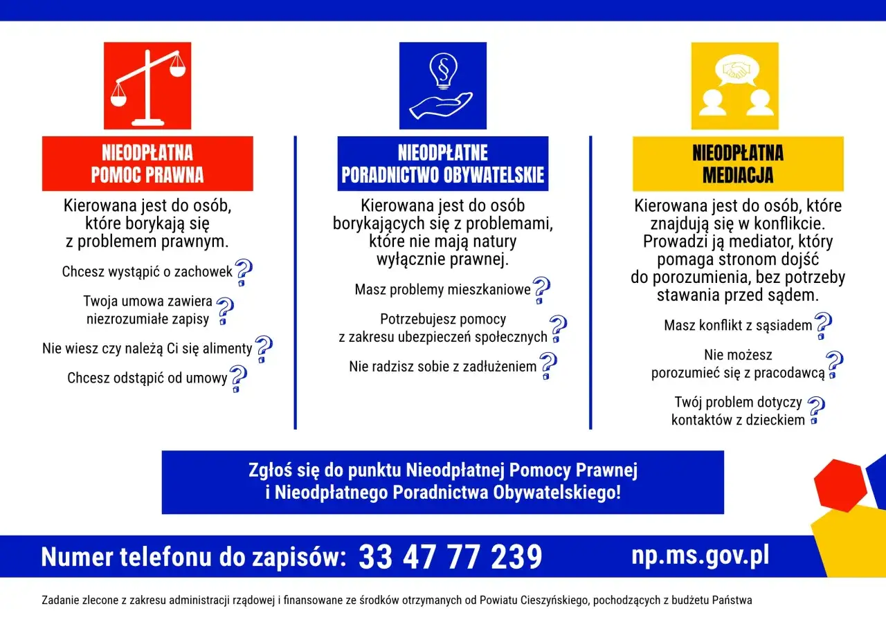 Dowiedz się, jak uzyskać adwokata z urzędu. Informacje o bezpłatnej pomocy prawnej, poradnictwie obywatelskim i mediacji.