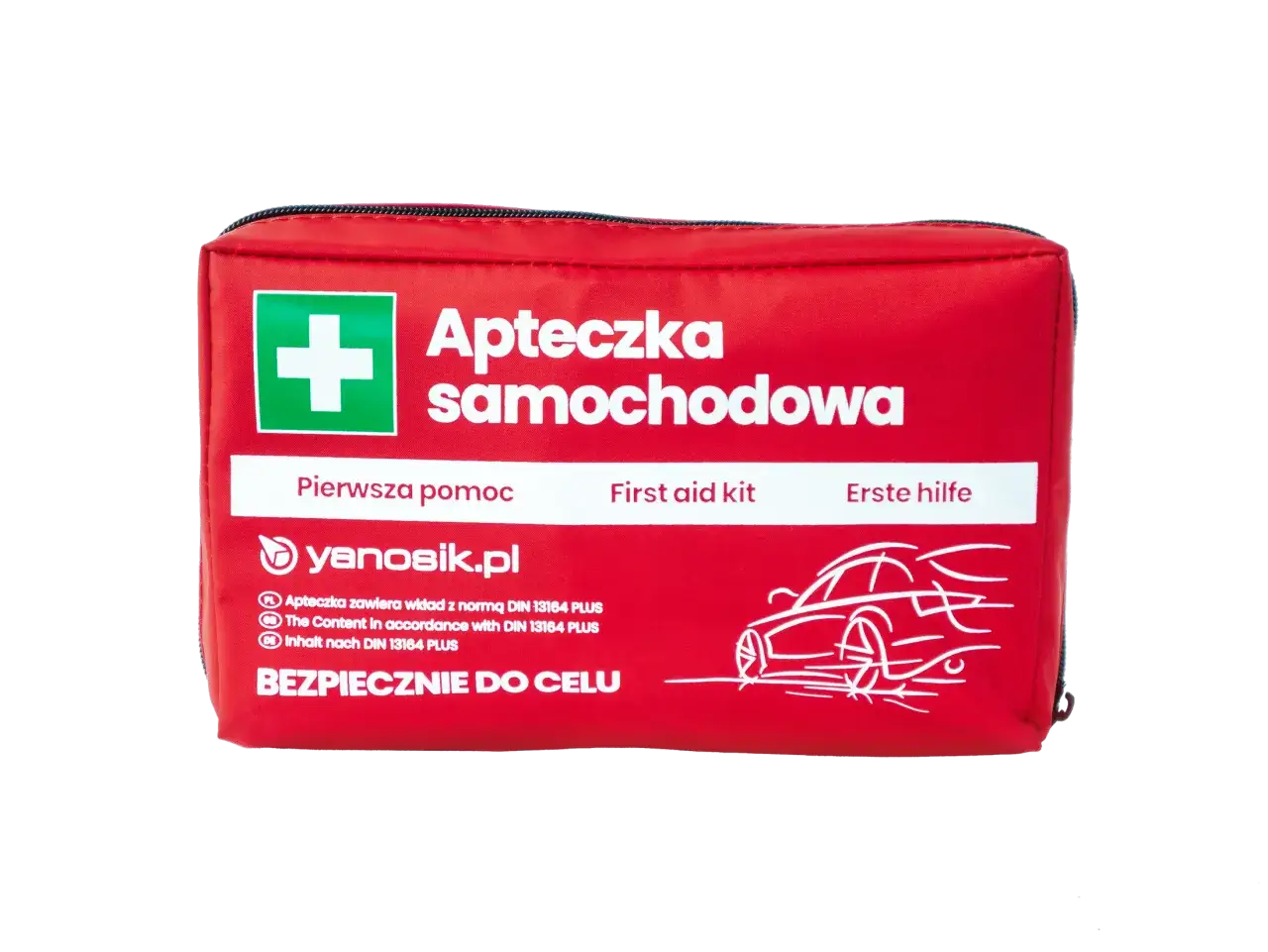 Czerwona apteczka samochodowa z białym krzyżem i napisem "Apteczka samochodowa".