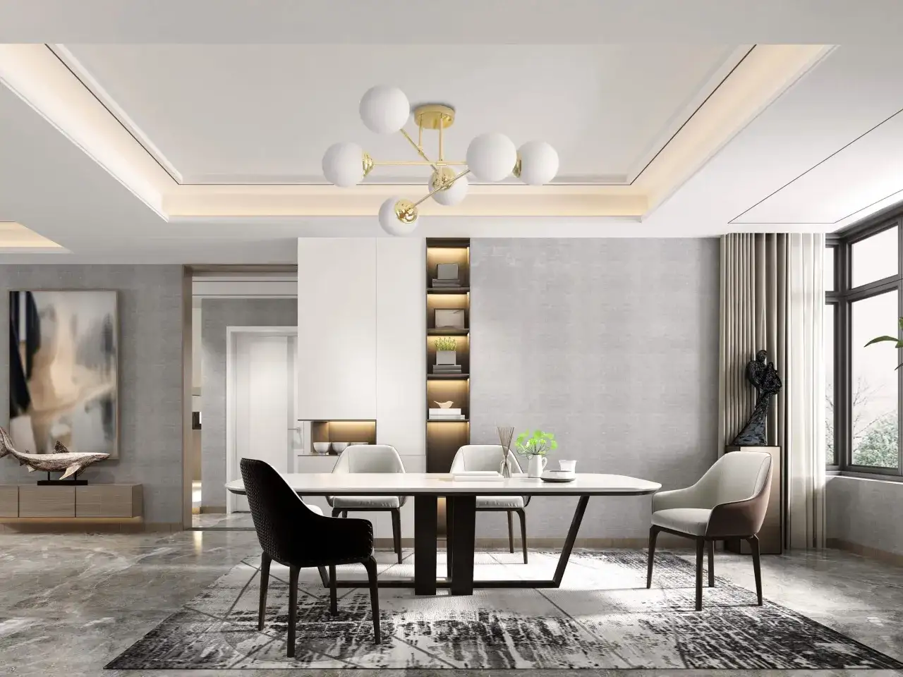 Elegancka jadalnia z nowoczesnym stołem i krzesłami, oświetlona złotą lampą modern classic.