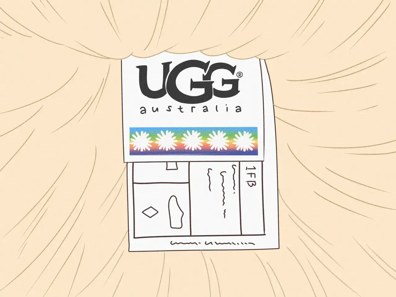 Metka z logo UGG Australia i tęczowym paskiem z kwiatkami. Podpowiada, jak rozpoznać oryginalne UGG.
