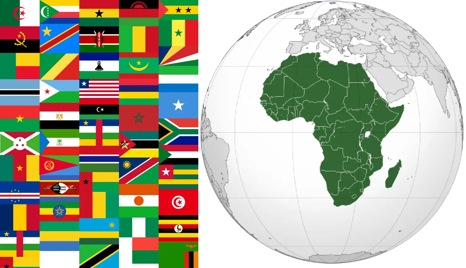 Flagi państw afrykańskich i globus z zaznaczonym kontynentem. Najważniejsze informacje o Afryce w pigułce.