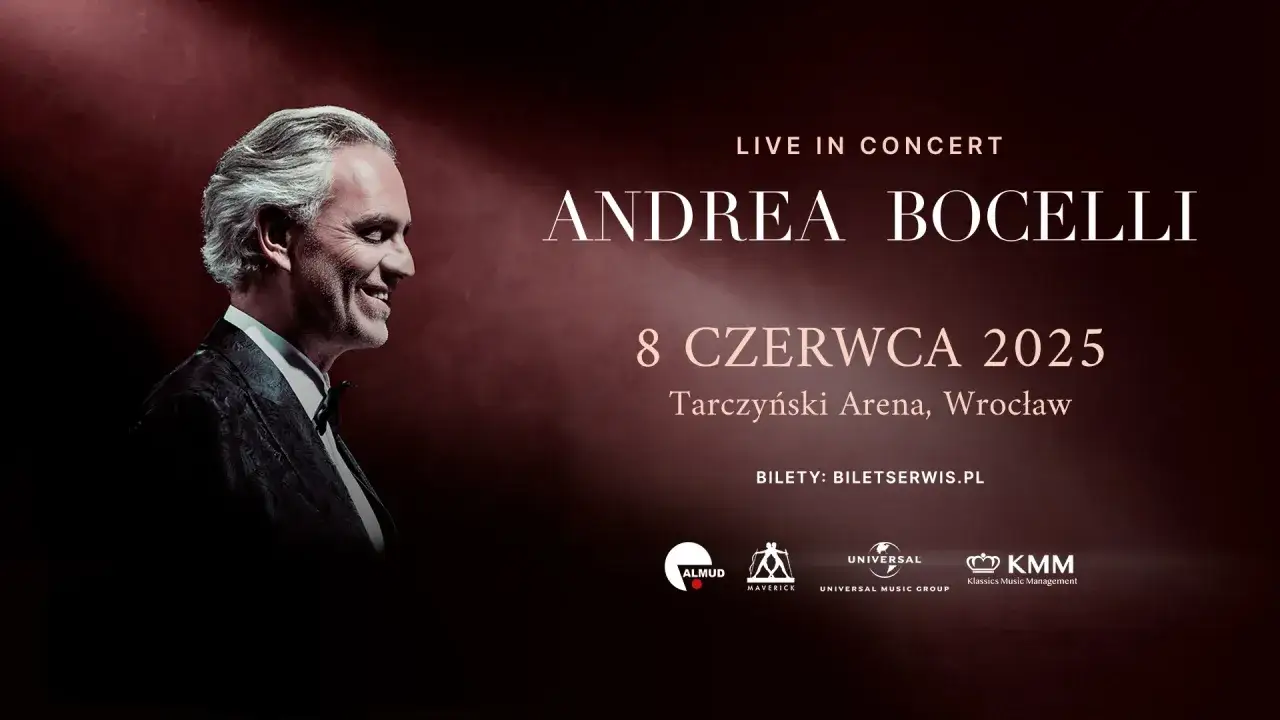 Andrea Bocelli live in Wrocław 8 czerwca 2025. Sprawdź, ile kosztuje bilet na koncert i gdzie go kupić: BILETSERWIS.PL