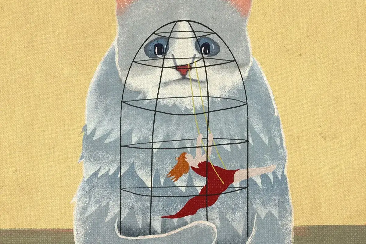 Kobieta w czerwonej sukience w klatce, zawieszona na sznurkach, na tle wielkiego kota. Czy MBTI może się zmienić?