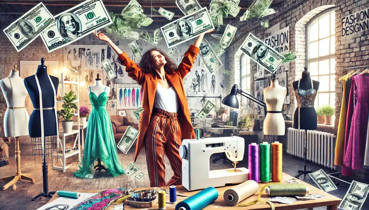Szczęśliwa projektantka mody cieszy się deszczem banknotów, pokazując, ile zarabia projektant mody.