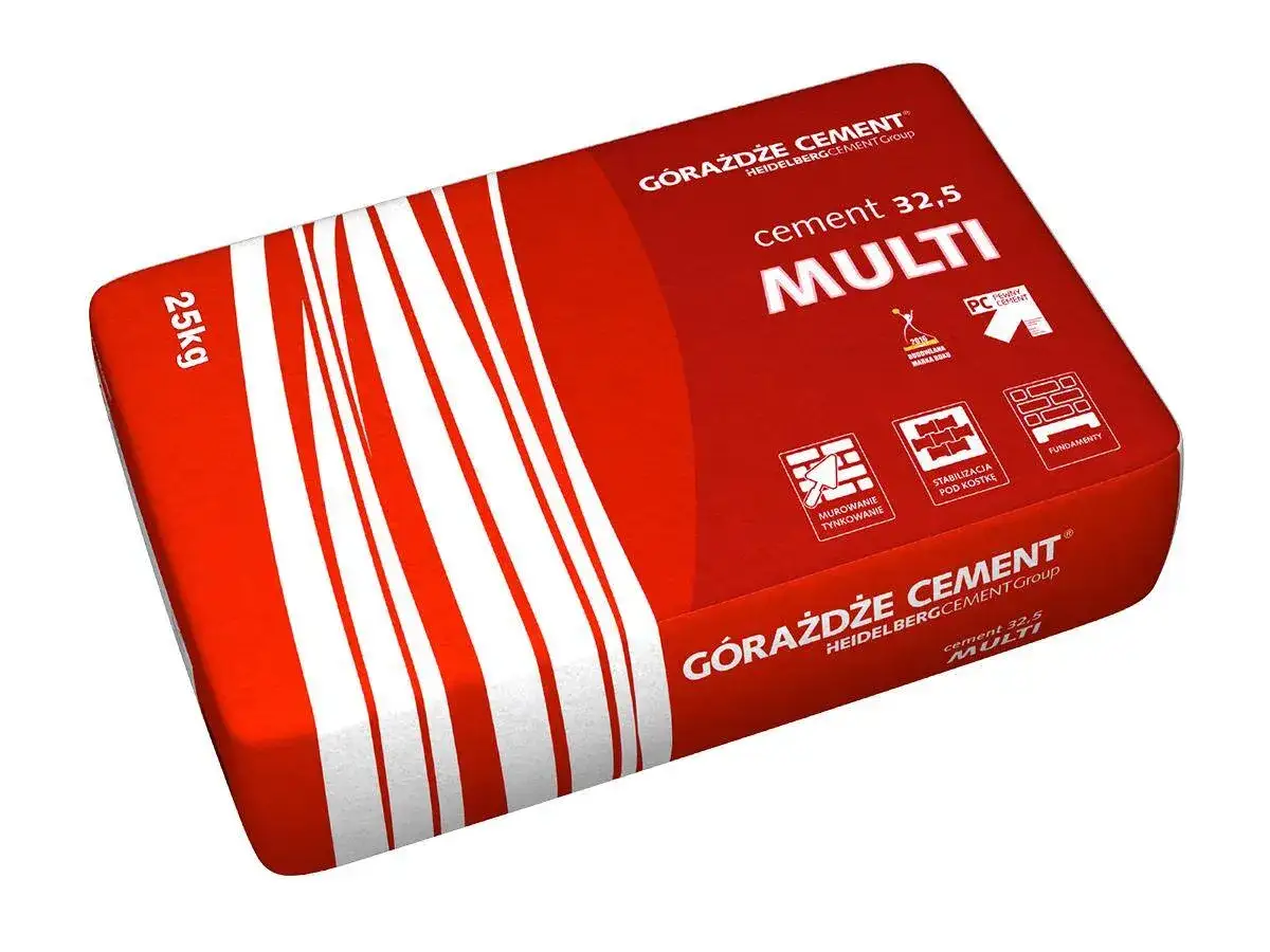 Worek cementu Górażdże MULTI 25 kg z białymi pasami na czerwonym tle.