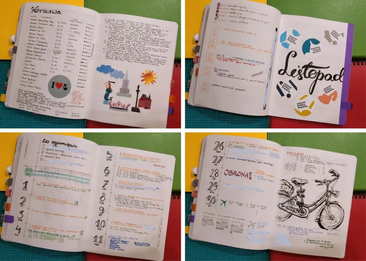 Zeszyt z planami i notatkami, pokazujący jak ładnie prowadzić zeszyt. Widoczne kalendarze, listy zadań i rysunki.