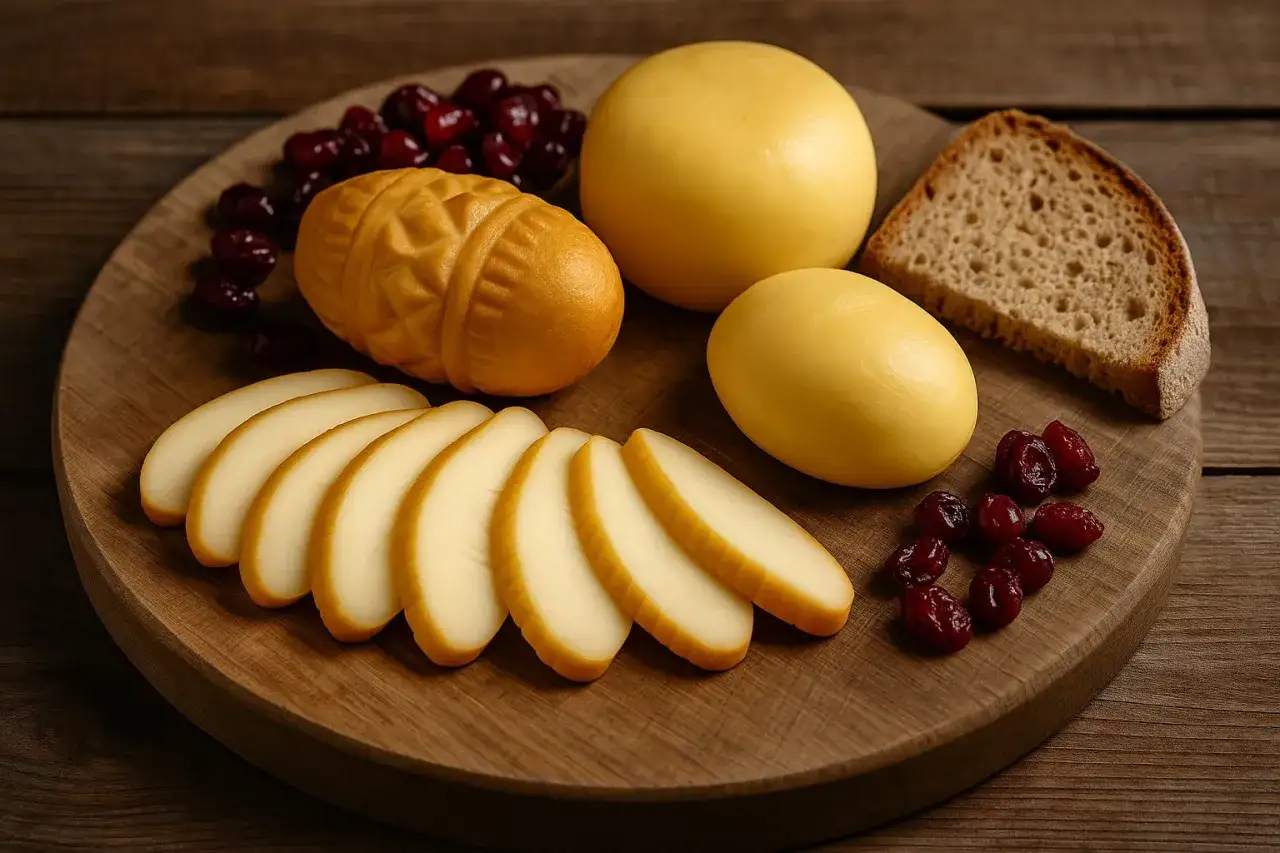 Oscypek, ser żółty, kromka chleba i żurawina na desce.