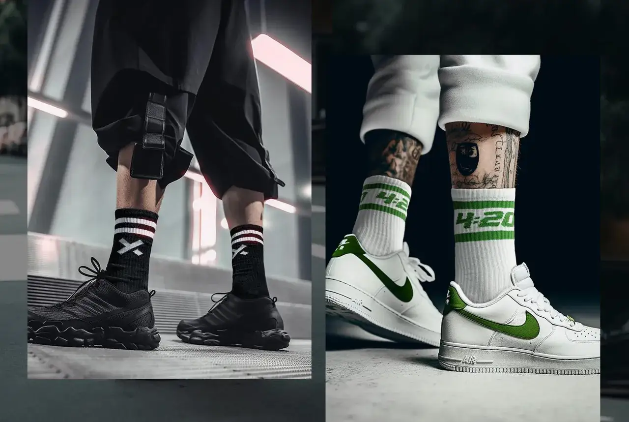 Dwa ujęcia nóg w modnych skarpetkach i sneakersach: czarne z białym wzorem i białe z zielonymi paskami.