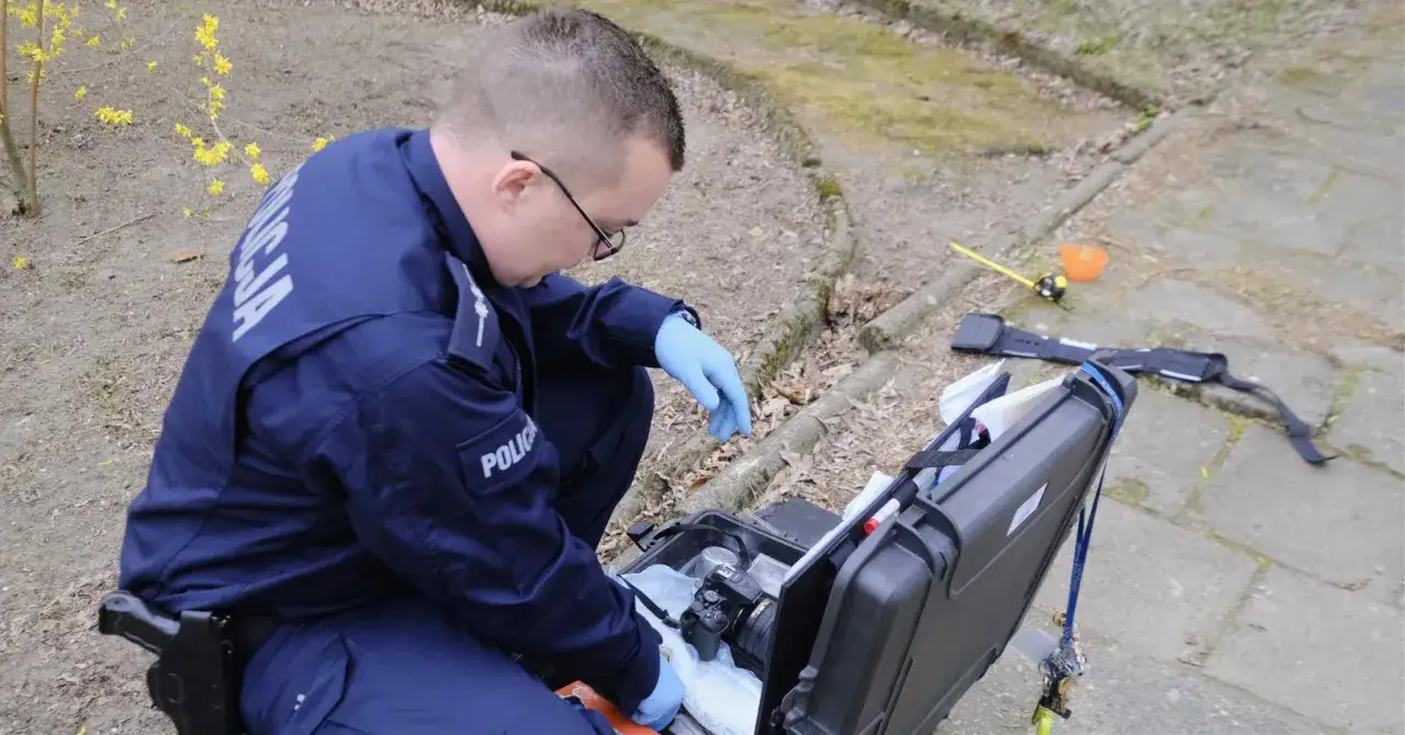 Policjant w niebieskim mundurze z napisem "POLICJA" klęczy przy otwartej walizce z aparatem i sprzętem kryminalistycznym.