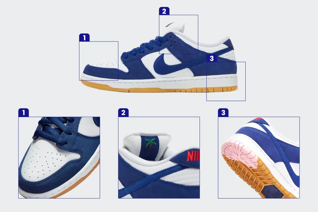 Szukasz informacji, jak sprawdzić numer katalogowy Nike? Zobacz zbliżenia buta: przód (1), język z palmą (2) i podeszwę (3).