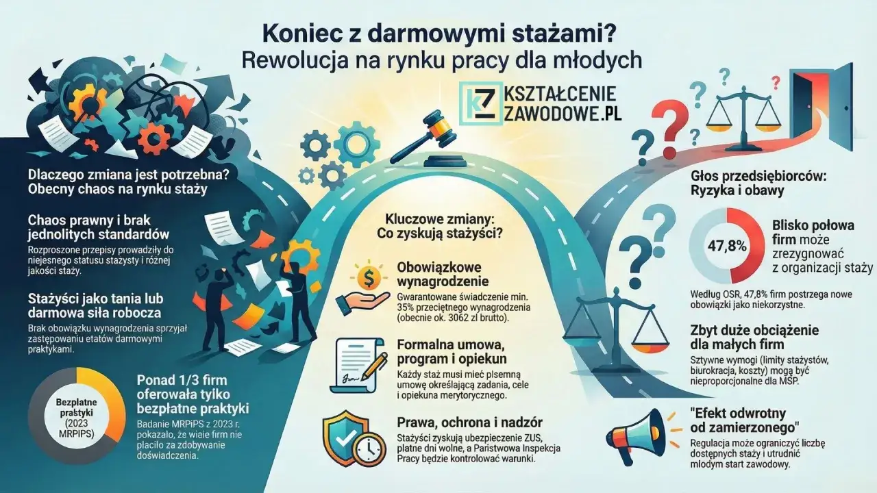 Ilustracja przedstawia schematycznie rynek staży, z elementami prawnymi i statystykami.
