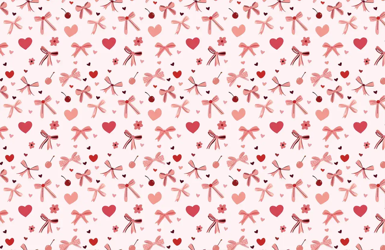 Urocze tapety z serduszkami, kokardkami i wisienkami w odcieniach różu i czerwieni.