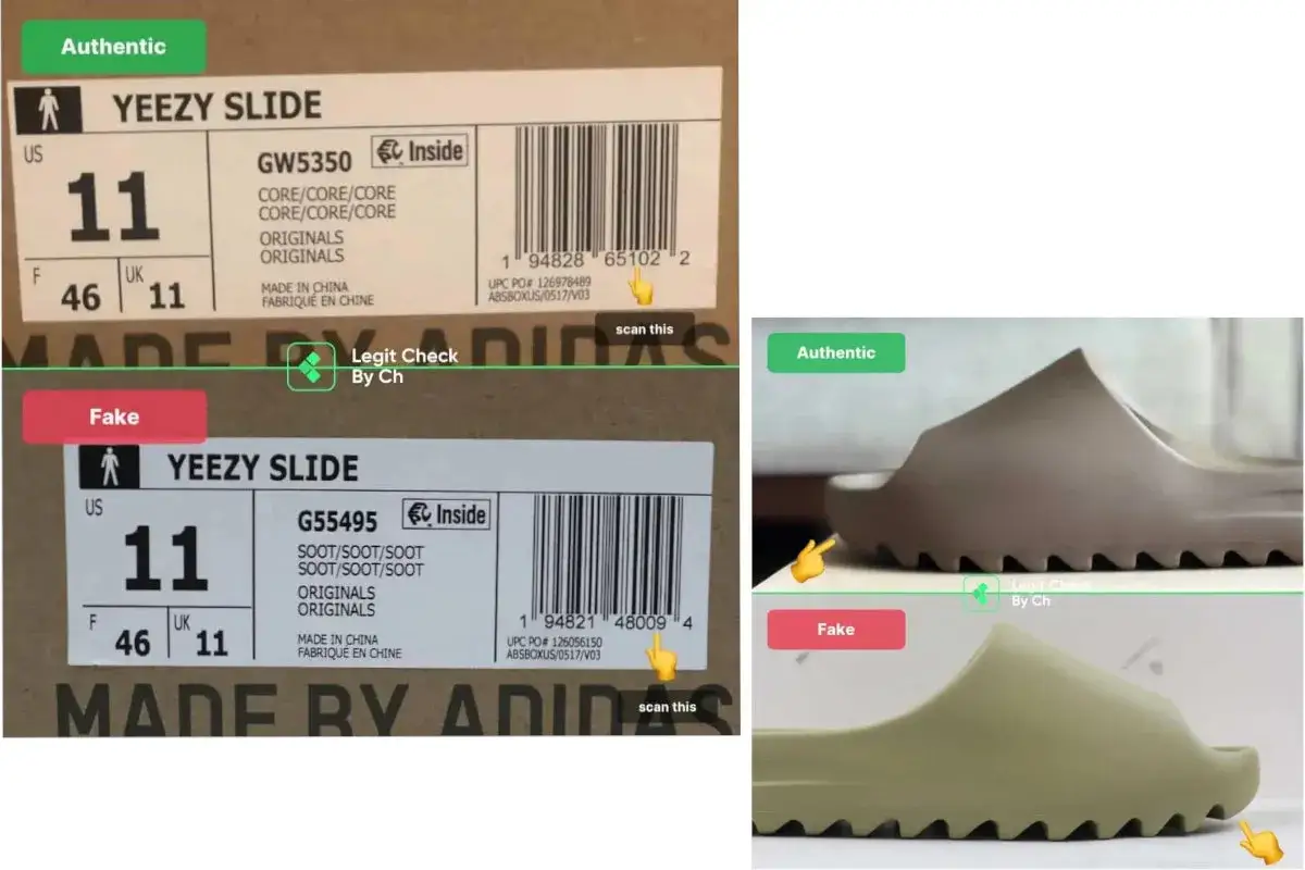 Porównanie Yeezy: oryginalne vs. podróbki. Na zdjęciu etykiety i klapki, z oznaczeniami "Authentic" i "Fake".