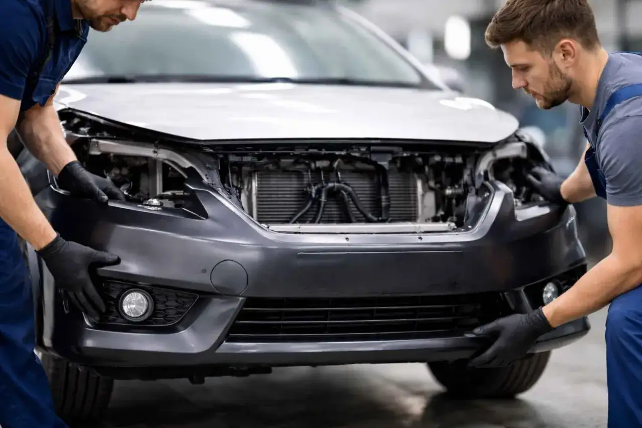 Dwóch mechaników w czarnych rękawiczkach przygląda się przedniemu zderzakowi samochodu. Dowiedz się, jak naprawić pęknięty zderzak plastikowy domowym sposobem.