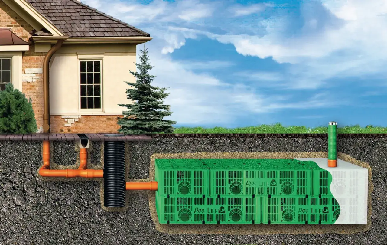 Przekrój domu pokazujący system odprowadzania deszczówki do podziemnego zbiornika z zielonych modułów.