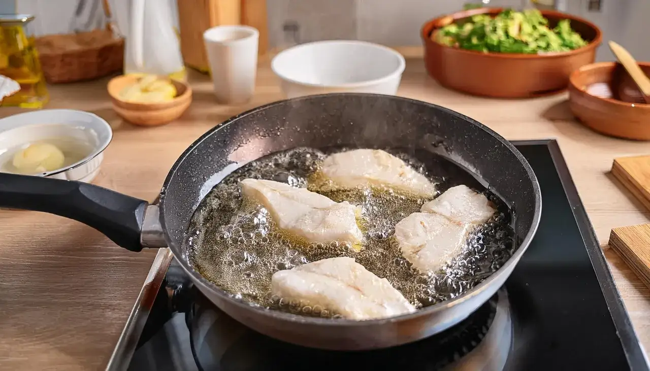 Kawałki ryby smażące się na patelni w gorącym oleju.