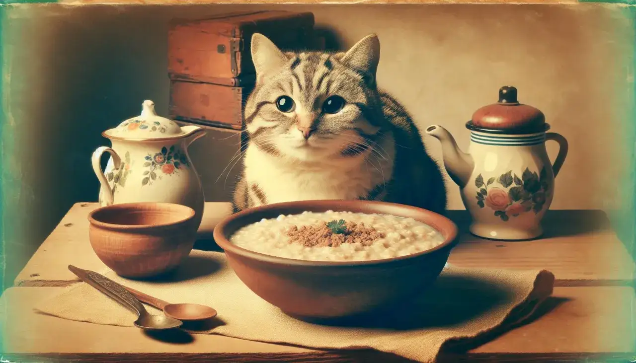 Kot siedzi przy stole z miską kaszy, dzbankiem i imbrykiem.