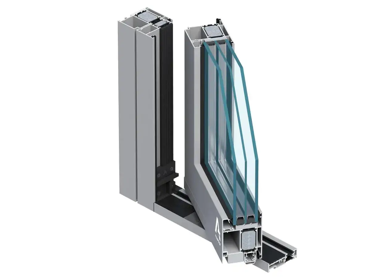 Przekrój drzwi aluminiowych wewnętrznych z potrójnym przeszkleniem. Nowoczesne profile zapewniają izolację i estetykę.