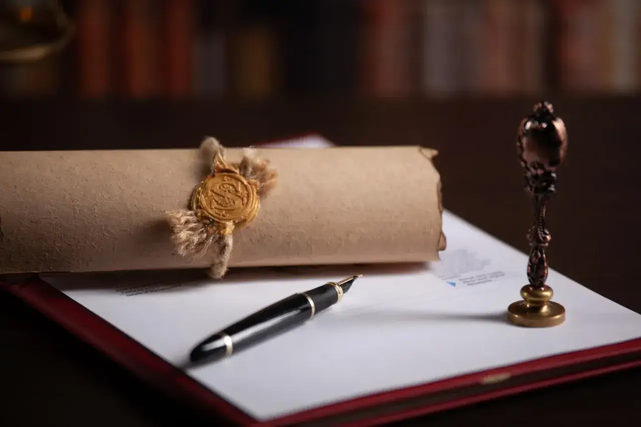 Zapieczętowany testament, pióro i pieczęć – to symbole, które mogą pomóc zrozumieć, jakie są rodzaje testamentów i jak je sporządzić.