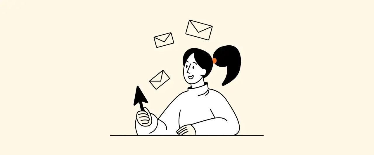 Uśmiechnięta dziewczyna z kucykiem trzyma kursor, a wokół niej latają koperty. Ilustracja pokazuje, jak napisać email.
