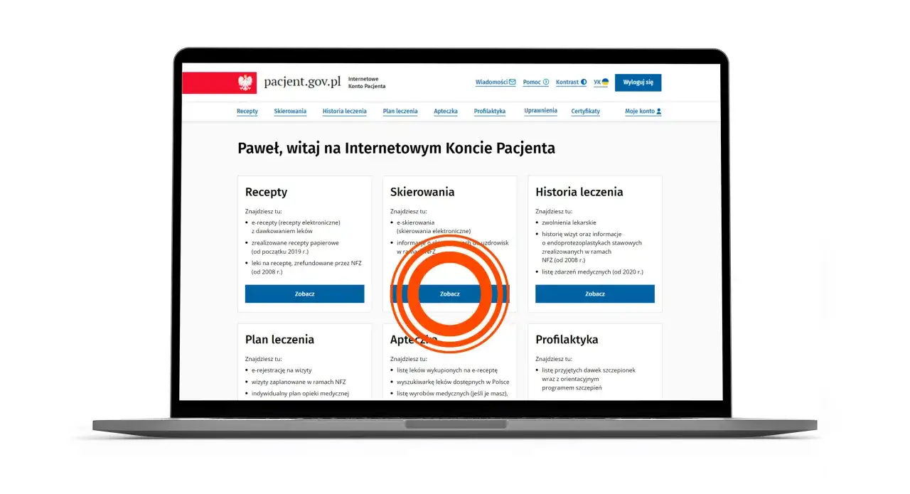 Na stronie pacjent.gov.pl zobaczysz, ile jest ważne skierowanie na rehabilitację. Dostępne są też e-recepty i historia leczenia.