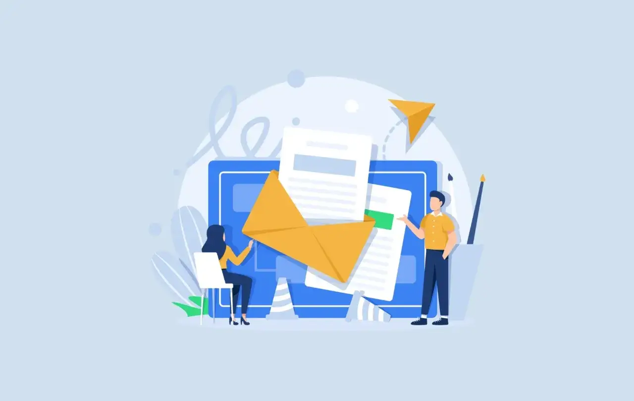 Ilustracja pokazuje, jak napisać mail z CV. Dwie osoby analizują dokumenty i kopertę.