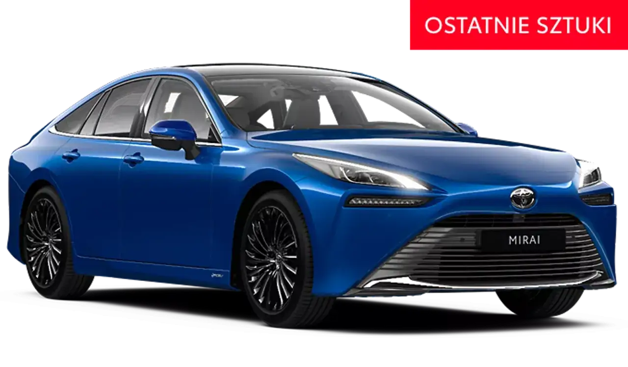 Niebieski Toyota Mirai, samochód wodorowy, pokazuje jak działa hybryda toyoty. Ostatnie sztuki!