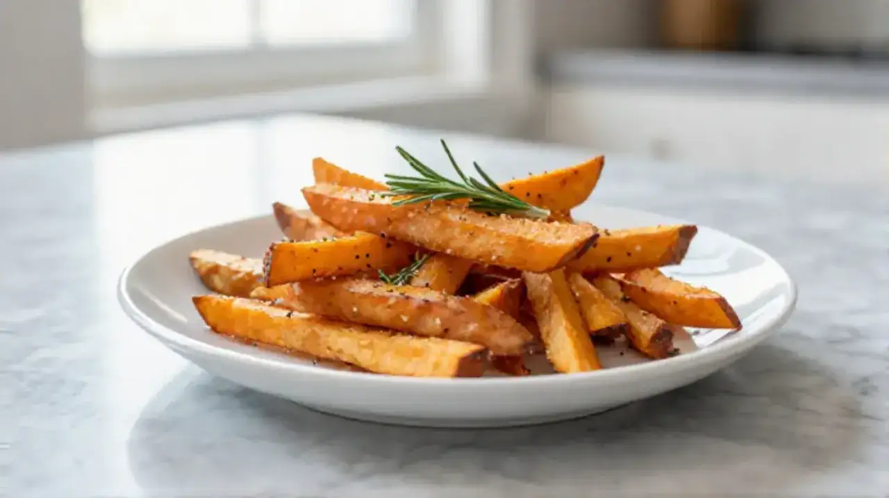 Chrupiące frytki z batatów na białym talerzu, ozdobione rozmarynem i przyprawami.