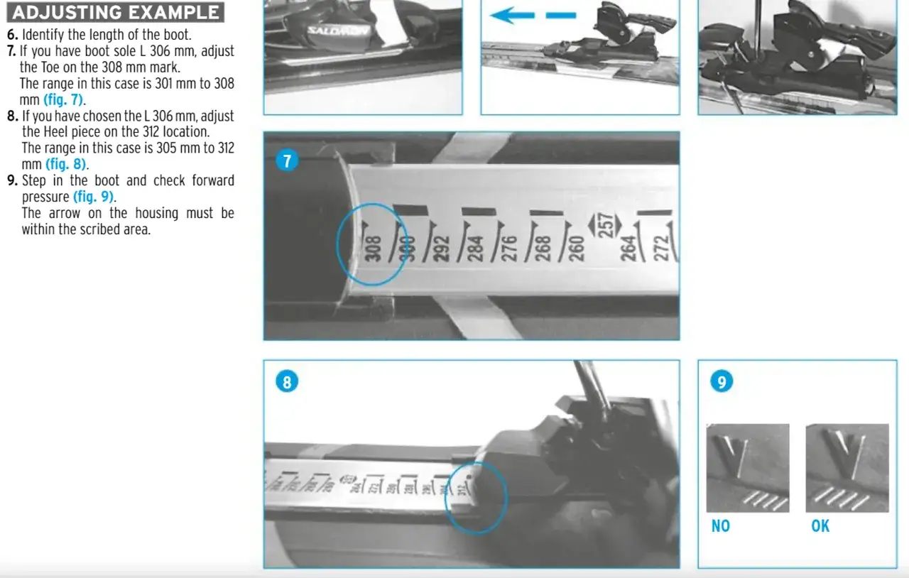 Instrukcja jak ustawić narty: dopasuj długość buta do znacznika 308 mm, a następnie piętkę na 312 mm. Sprawdź nacisk.