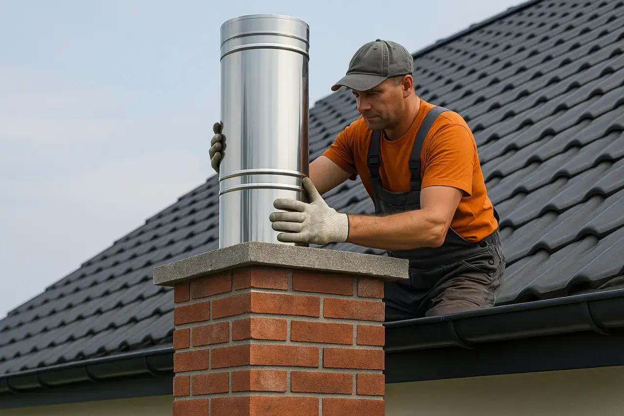 Fachowiec montuje stalowy komin na ceglanym postumencie, pokazując jak ocieplić komin z cegły.