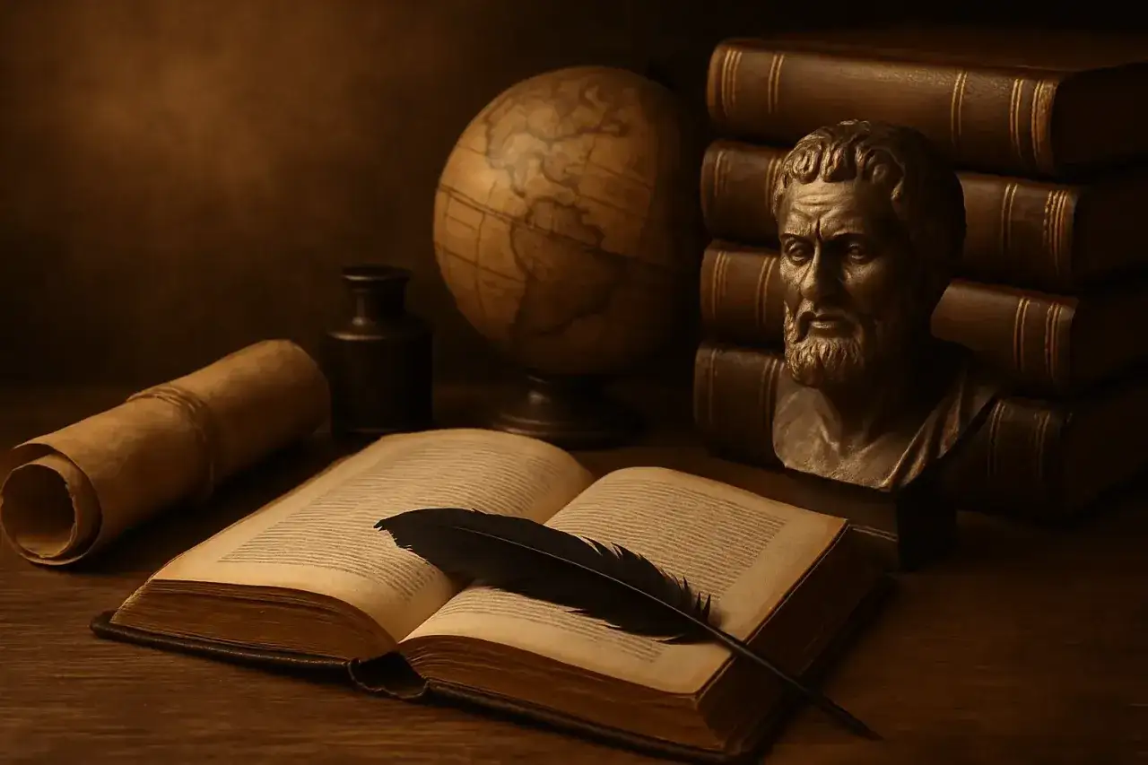 Stary globus, księgi i popiersie mędrca. Pióro na otwartej księdze zachęca, by nie zasypiać gruszek w popiele.