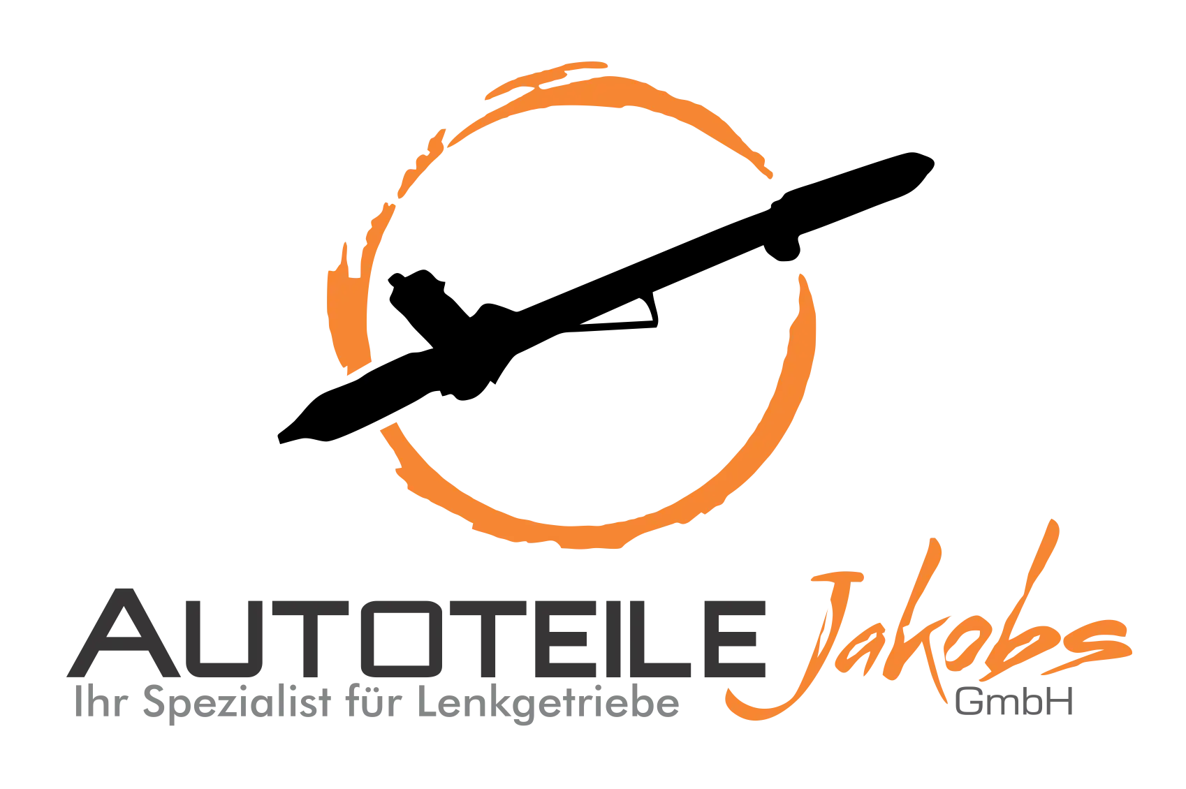 Logo von Jakobs Autoteile: schwarzes Lenkgetriebe in orangem Kreis, darunter Schriftzug.