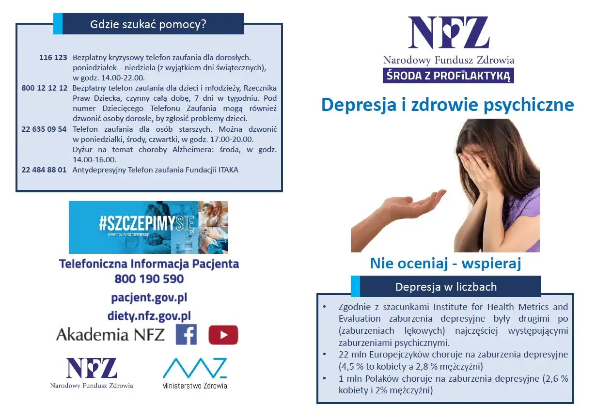 Kobieta zakrywająca twarz dłońmi, druga dłoń wyciągnięta w geście wsparcia.