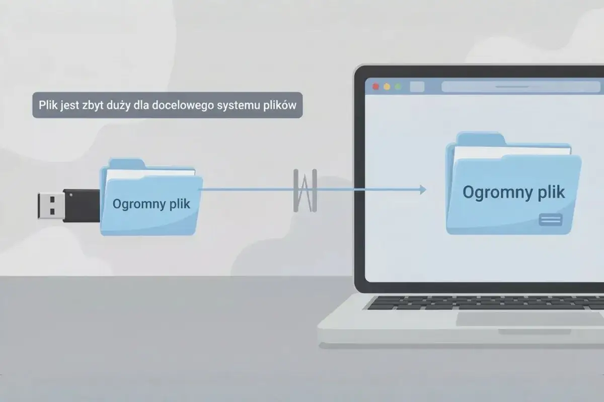 Pendrive z folderem "Ogromny plik" podłączony do laptopa, gdzie ten sam folder jest wyświetlany na ekranie.
