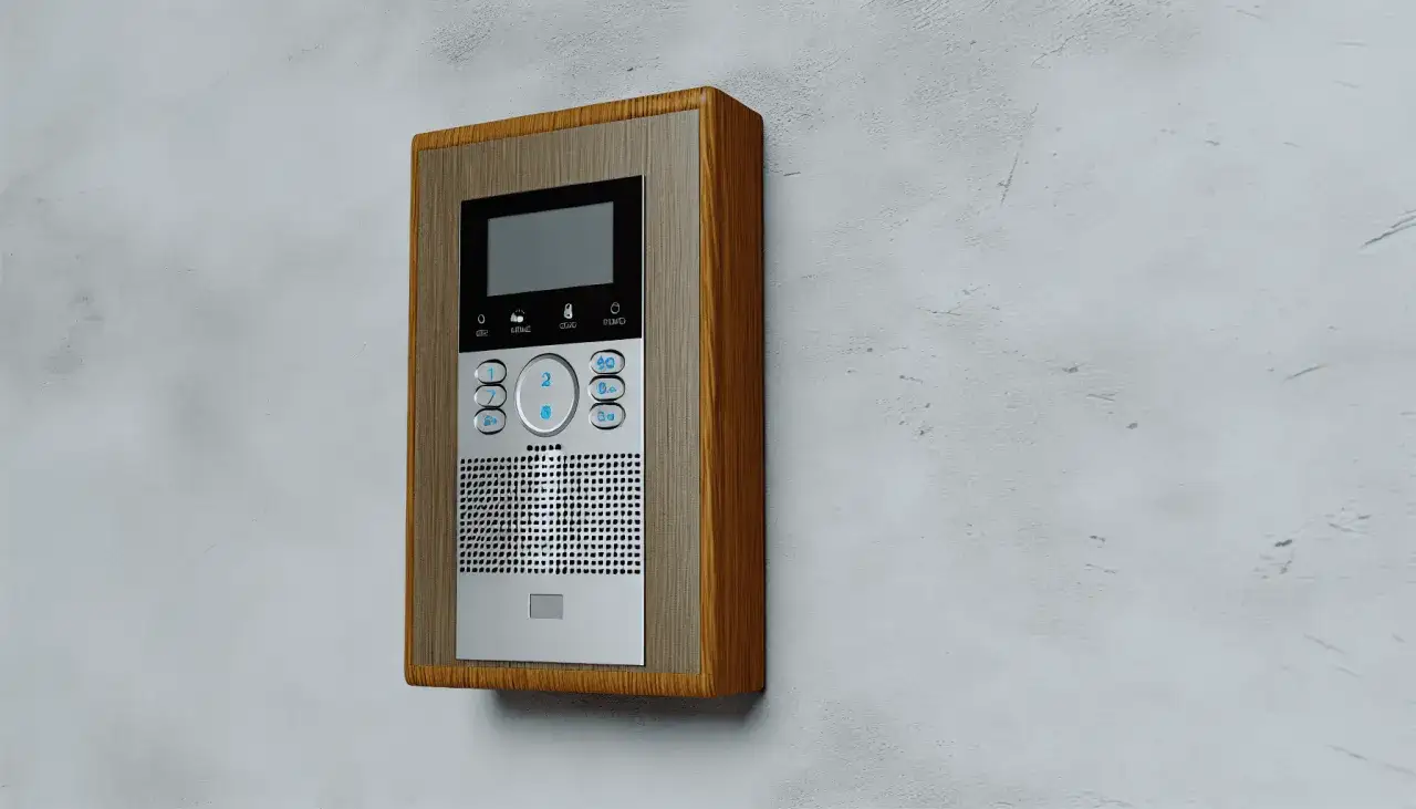Domofon z drewnianą ramką i przyciskami na białej ścianie.