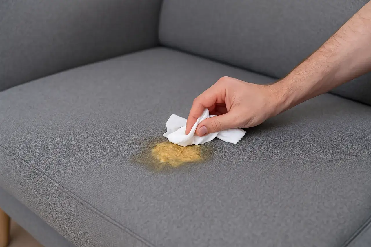 Ręka wyciera plamę na szarej kanapie chusteczką. Dowiedz się, jak usunąć zapach rzygów z mebli.