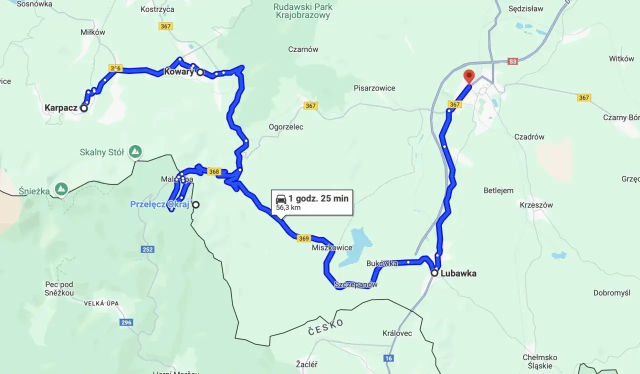 Trasy motocyklowe Dolny Śląsk: pętla przez Karpacz, Kowary, Przełęcz Okraj i Lubawkę. Czas przejazdu 1h 25 min, dystans 56,3 km.